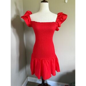 Zara Red Mini Dress Short Sleeve Smocked Ruffle Hem Party Dress Small